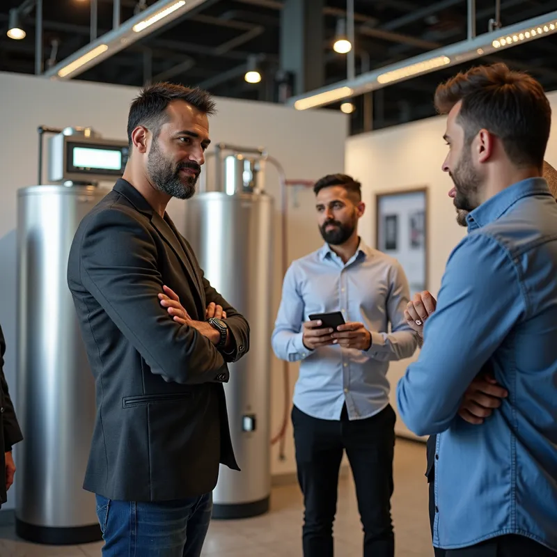 Wealthy Solar Expert - A prominently tall and muscular Indian man with striking good looks and an air of sophistication. He is in an upscale showroom, surrounded by various models of solar hot water heaters, engaging in a discussion with engineers about the benefits of his products. - AI image generated with Photorealistic 2