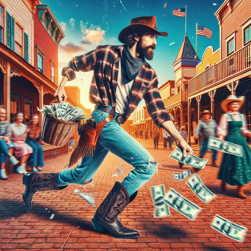 Wealthy Wrangler - A vibrant scene of a man in a mix of traditional and contemporary attire - jeans, cowboy hat, boots, and a camisole - energetically tossing money out in a lively town square of an old western town. - AI image generated with Art