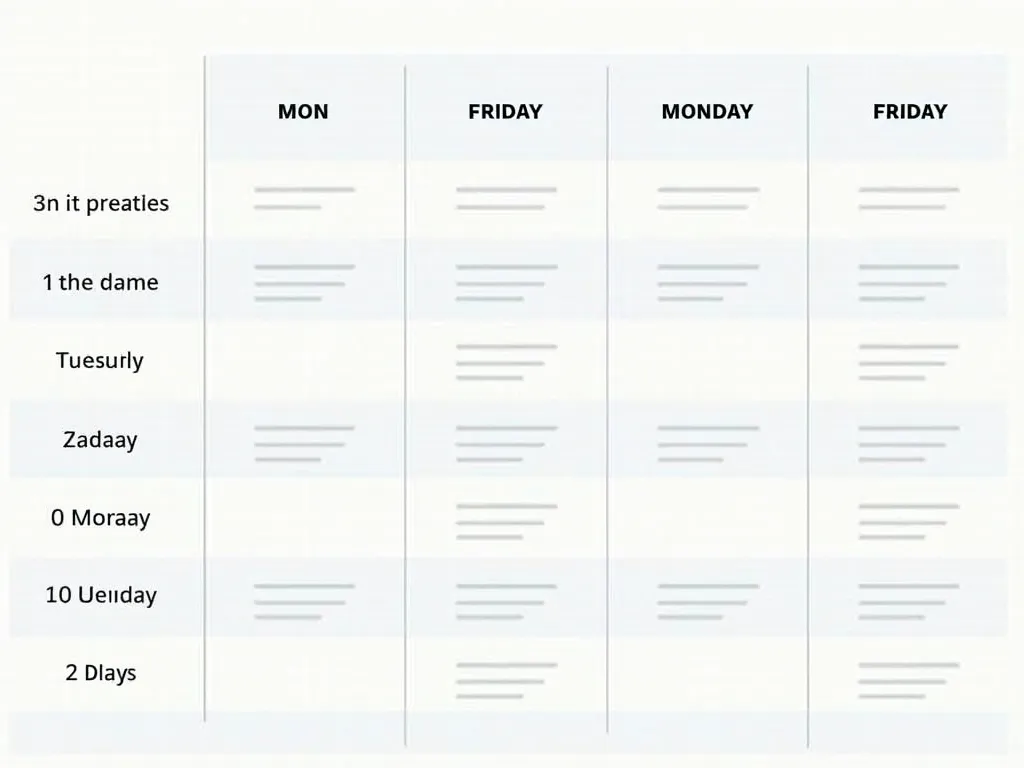 Weekly Schedule - An organized weekly schedule from Monday to Friday, displaying various times throughout each day. The background is clean and minimalistic, with clear and legible text. Each day of the week has distinct sections for different time slots, ideally with a subtle color to differentiate between different activities or tasks. - AI image generated with Text