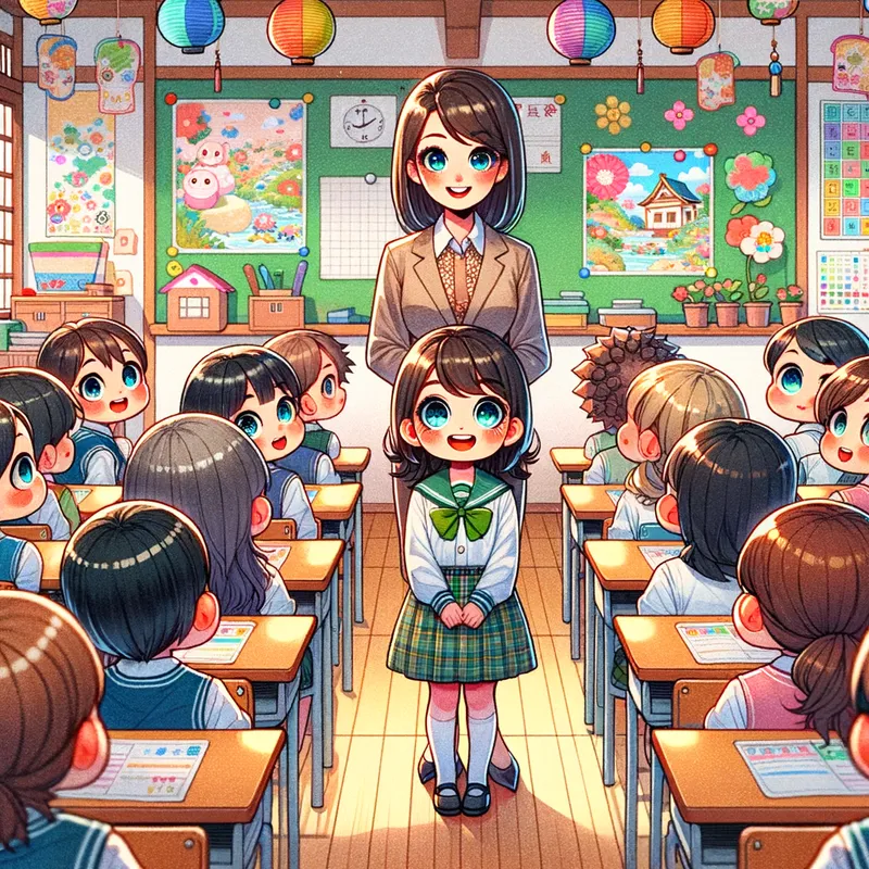 Welcome Hana - Hana stands next to the teacher at the front of the classroom, her eyes bright with anticipation. The classroom is lively with colorful decorations, and the children are all looking at her with interest and smiles. - AI image generated with Art - kiri-e art