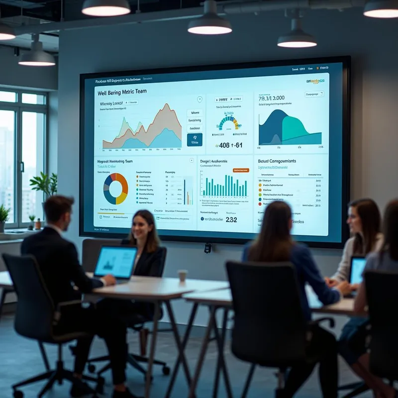 Well-Being Dashboard - An office environment featuring a large digital dashboard displaying various well-being metrics and statuses of employees, indicating the pulse of the team. - AI image generated with Photorealistic 2
