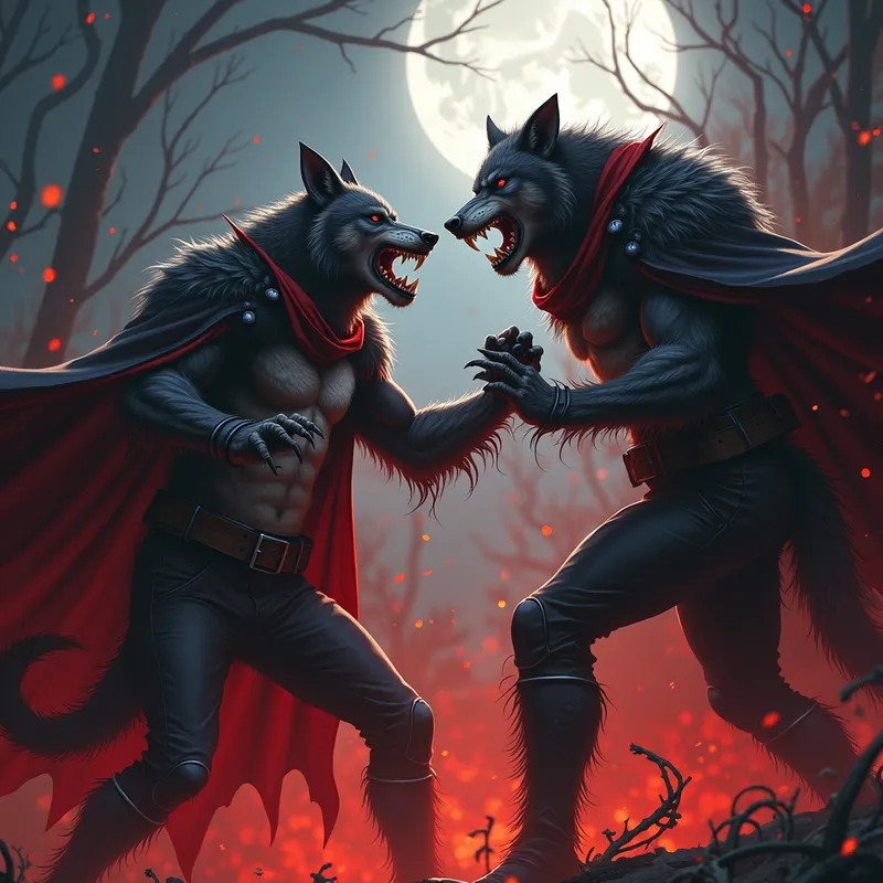 Werewolf vs Vampire Battle - highly detaled battle scene of a werewolf fighting a vampire - AI image generated with Photorealistic 2