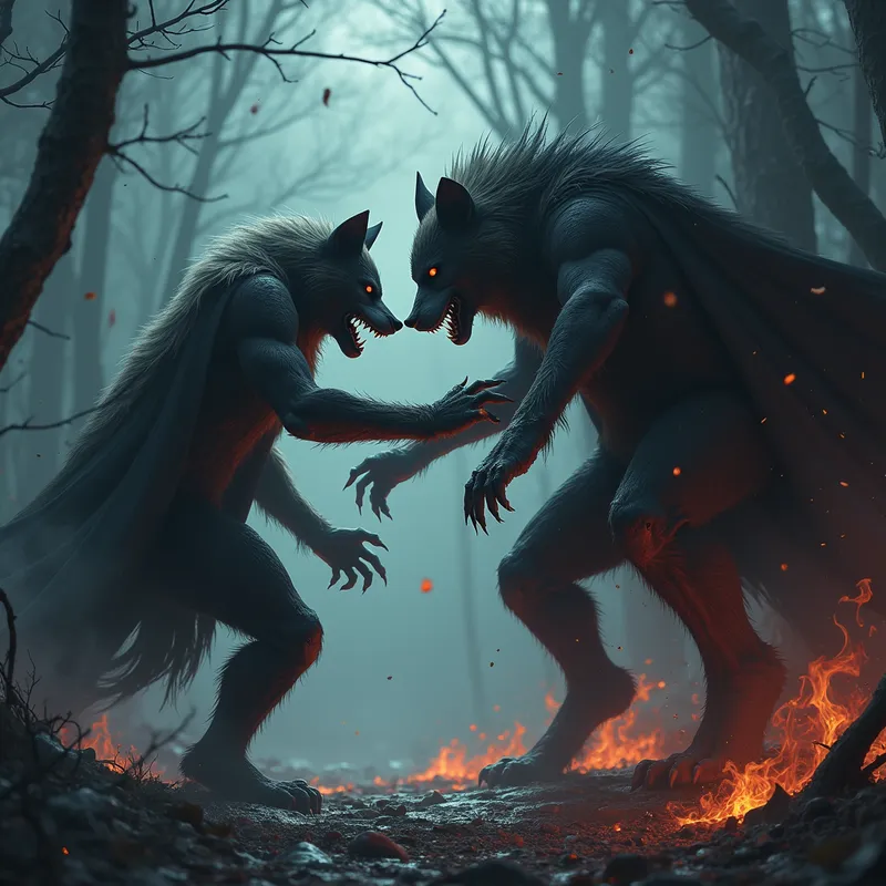 Werewolf vs Vampire Battle - highly detaled battle scene of a werewolf fighting a vampire - AI image generated with Photorealistic 2