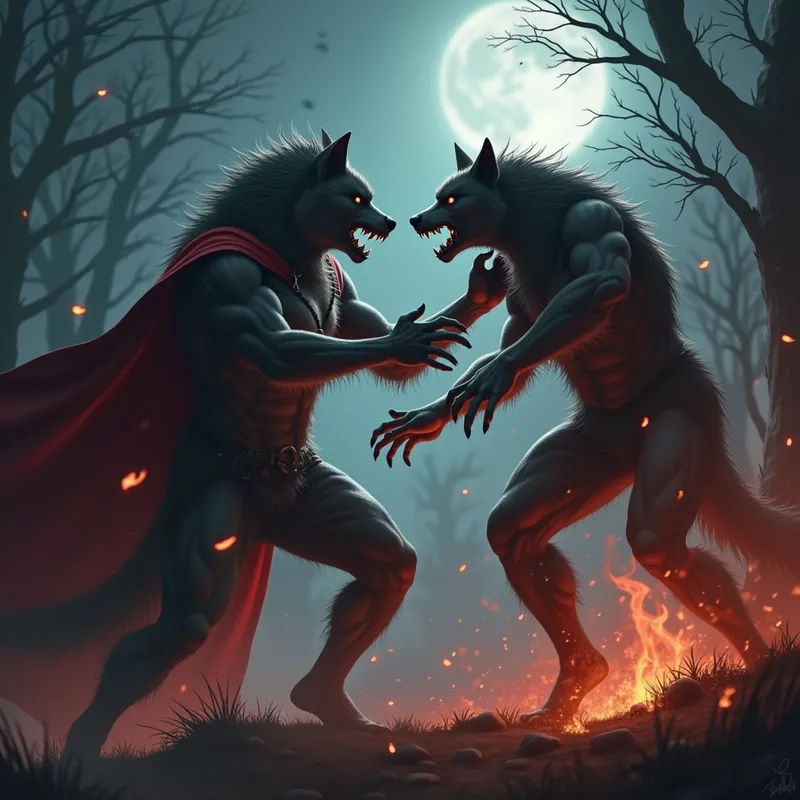 Werewolf vs Vampire Battle - highly detaled battle scene of a werewolf fighting a vampire - AI image generated with Photorealistic 2
