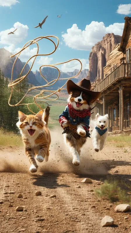 Western Wilderness - A whimsical scene depicting cowboy cats and dogs in a humorous chase, with lassos flying and the wilderness as their backdrop.