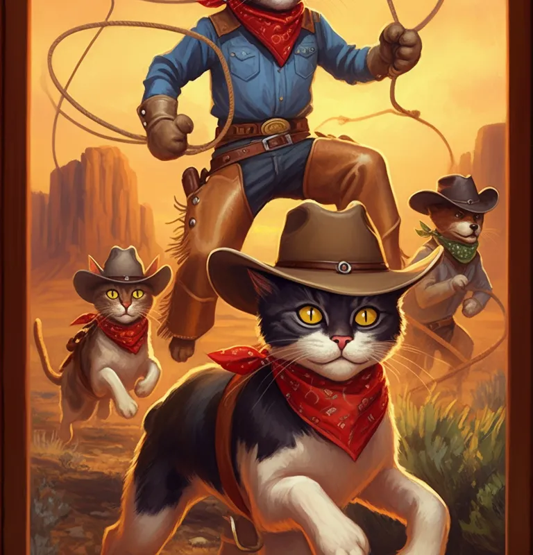 Western Wilderness - A whimsical scene depicting cowboy cats and dogs in a humorous chase, with lassos flying and the wilderness as their backdrop. - AI image generated with Imagen 3