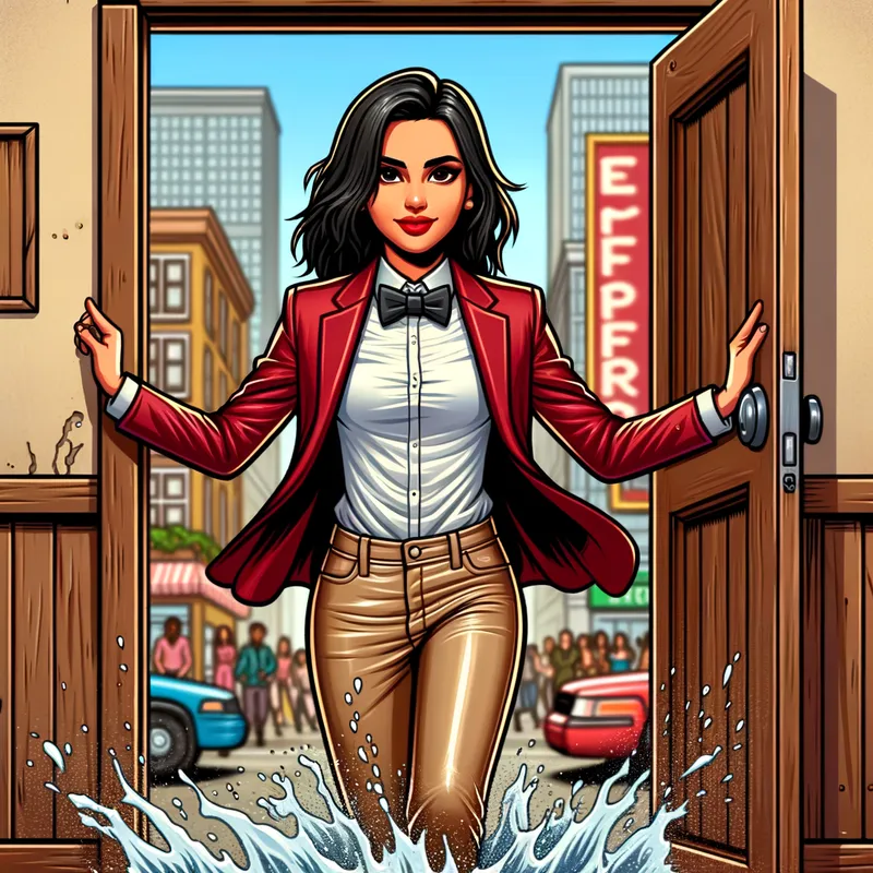 Wet Elegance from Behind - This digital art captures a captivating scene of a Hispanic woman in a red tuxedo and beige leather jeans, emerging from a wooden tub. The image focuses on her wet, radiant appearance with water streaming down her graceful figure, viewed from the rear. - AI image generated with Art - alcohol ink, cartoony, colorful