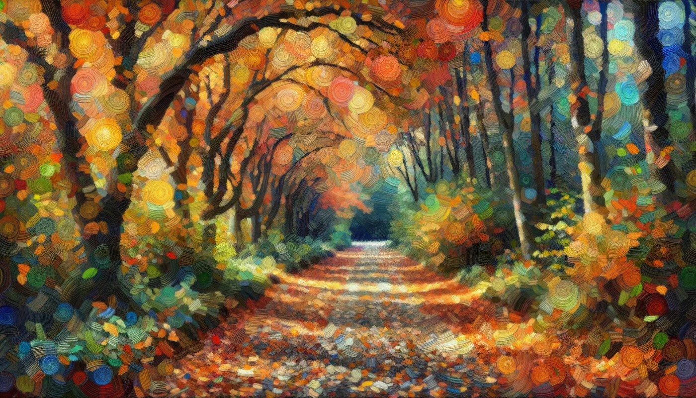 Whimsical_Autumn_Path - Depict a whimsical path through an autumnal forest, with fallen leaves rendered in broken color and vivid impressionistic tones, reminiscent of Monet's style.