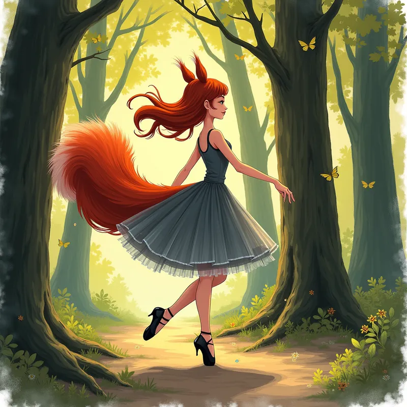 Whimsical Ballerina - This digital artwork portrays an anime ballerina dressed in a grey overall with black ballet pointe shoes dancing gracefully in a forest. A vivid red squirrel tail adds an element of fantasy to the scene, creating a striking visual contrast. - AI image generated with Photorealistic 2 - alcohol ink, cartoony, colorful
