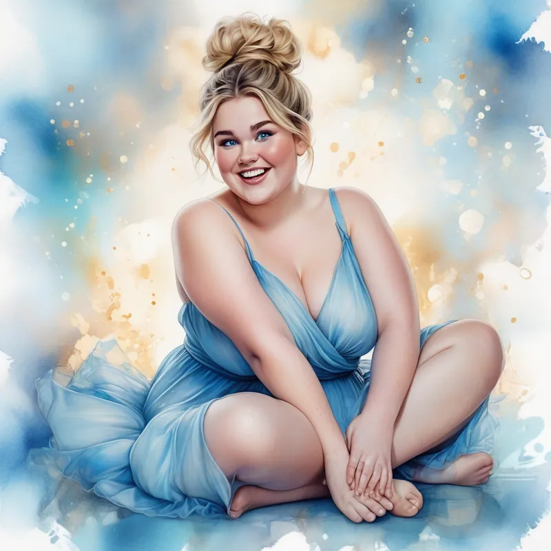 Whimsical Barefoot Wonder - Pure alcohol ink style artwork featuring an adorable plus-size lady with blonde messy bun hair, seated elegantly cross-legged. Her rosy cheeks rest in her hands, and her oversized icy blue eyes express playful surprise. She wears a long blue dress and no shoes, with bare feet adding softness to the pose. Sparkly highlights dance throughout the image against a magical blurred bokeh background. - AI image generated with Photorealistic - alcohol ink