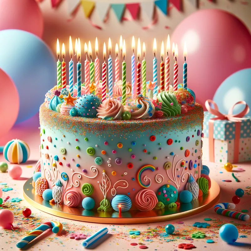 Whimsical Birthday Bash - A vibrant and colorful birthday cake decorated with an array of playful candles, confetti sprinkles, and whimsical toppers amidst a festive party setting. - AI image generated with Art
