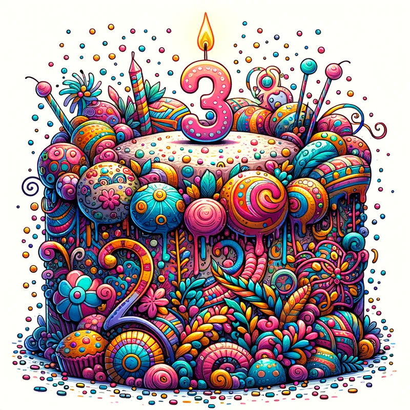 Whimsical Birthday Cake - A colorful birthday cake with whimsical decorations, including a variety of vibrant, intricate designs, sprinkles, and a number-shaped candle on top. - AI image generated with Art