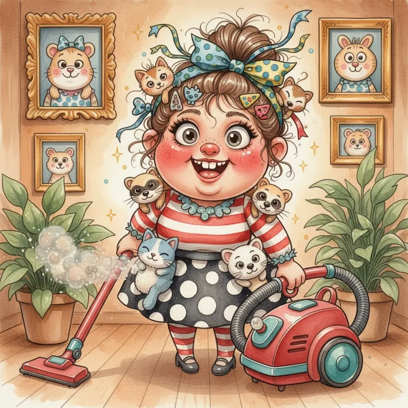 Whimsical Cartoon Girls & Animal Pals - pai Features include striking, large eyes complemented by cheery crimson cheeks, flamboyant hairstyles adorned with bows and embellishments, apparel in an attractive array of spots and stripes, layered with an adorable array of animal companions like cats and ferrets. The visuals also include vintage hoover designs in eye-catching hues, warm interior settings with ornamental frames and verdant houseplants, and good-natured yet humorous facial expressions, tied together in a distinctive 3D cartoon rendition style. paint in watercolor, more comical, normal hair up in a messy bun, - AI image generated with Nano Banana