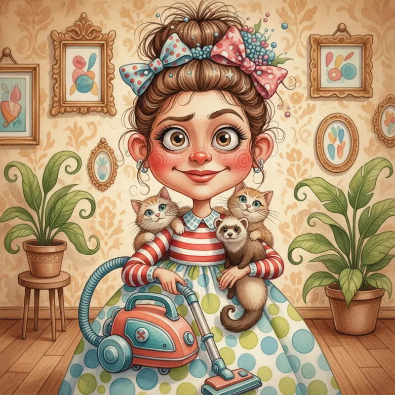 Whimsical Cartoon Girl with Pets - pai Features include striking, large eyes complemented by cheery crimson cheeks, flamboyant hairstyles adorned with bows and embellishments, apparel in an attractive array of spots and stripes, layered with an adorable array of animal companions like cats and ferrets. The visuals also include vintage hoover designs in eye-catching hues, warm interior settings with ornamental frames and verdant houseplants, and good-natured yet humorous facial expressions, tied together in a distinctive 3D cartoon rendition style. paint in watercolor, more comical, normal hair up in a messy bun, - AI image generated with Nano Banana