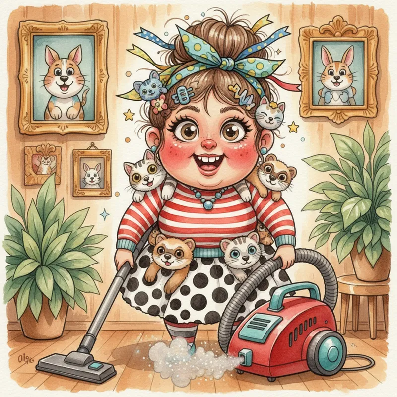 Whimsical Cartoon Girl with Pets - pai Features include striking, large eyes complemented by cheery crimson cheeks, flamboyant hairstyles adorned with bows and embellishments, apparel in an attractive array of spots and stripes, layered with an adorable array of animal companions like cats and ferrets. The visuals also include vintage hoover designs in eye-catching hues, warm interior settings with ornamental frames and verdant houseplants, and good-natured yet humorous facial expressions, tied together in a distinctive 3D cartoon rendition style. paint in watercolor, more comical, normal hair up in a messy bun, - AI image generated with Nano Banana