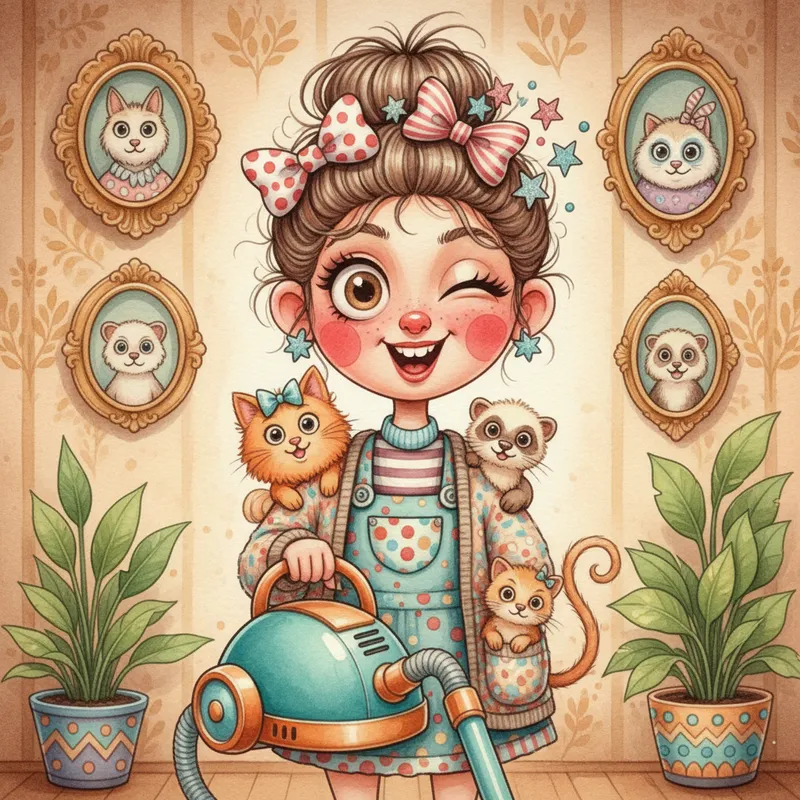 Whimsical Cartoon Girl with Pets & Decor - pai Features include striking, large eyes complemented by cheery crimson cheeks, flamboyant hairstyles adorned with bows and embellishments, apparel in an attractive array of spots and stripes, layered with an adorable array of animal companions like cats and ferrets. The visuals also include vintage hoover designs in eye-catching hues, warm interior settings with ornamental frames and verdant houseplants, and good-natured yet humorous facial expressions, tied together in a distinctive 3D cartoon rendition style. paint in watercolor, more comical, normal hair up in a messy bun, - AI image generated with Nano Banana