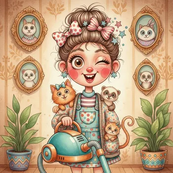 Whimsical Cartoon Girl with Pets & Decor