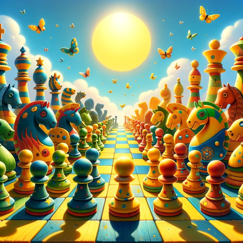 Whimsical Chess Practice - Whimsical Chess Practice: A Sunny Day
Setting: A giant chessboard bathed in the warm glow of a midday sun. The squares are large and bursting with a cheerful color palette – sunshine yellow on one side and sky blue on the other. 
characters can be made out of different bright whimsially colored wood. Pawns (Soldiers): A line of short, stout chess pieces with friendly faces march confidently across the yellow squares. They wear mismatched helmets in various bright colors, some decorated with playful stars or stripes.
Knights (Horsey Guys): A group of colorful knights, each a different shade, hop playfully around the board. They have big, expressive eyes and long, flowing manes in contrasting colors (e.g., a purple knight with a sunshine yellow mane).
Rooks (Towers): These tall, blocky pieces zoom across the board on little wheels (imagine a child's toy car!). Each rook is built from brightly colored wooden blocks like a whimsical castle, with playful flags waving from the top battlements.
Queen: The queen, a central figure bathed in the warm sunlight, glides across the board with a regal air. Refer to the previous queen prompt for a detailed description (mismatched crown jewels, flowing robe with polka dots or stars, etc.).
Action:
All the chess pieces are engaged in practicing their moves, creating a scene of energetic activity.
The pawns march in unison, the knights prance around playfully, the rooks zoom across with a whirring sound, and the queen glides gracefully.
Tiny butterflies flutter around the chessboard, adding to the joyful atmosphere.
Friendly animals like hedgehogs or squirrels peek out from behind squares, observing the practice session with curiosity.
Style: Cartoony and adorable, with bold outlines and flat colors. - AI image generated with Art - cartoony, elevated view, wide-angle lens