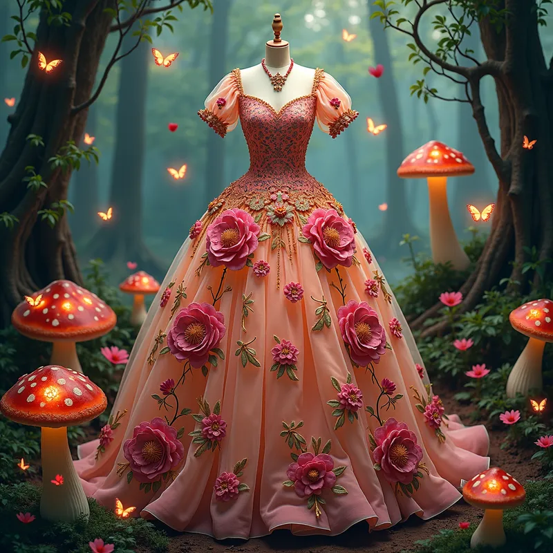 Whimsical Filipiniana Blossom - An enchanting depiction of a floral Baro't Saya dress, meticulously adorned with intricate patterns and love hearts. The dress is set against a magical forest backdrop, alive with glowing mushrooms and fluttering butterflies. The design incorporates Filipino-inspired colors and motifs, along with traditional jewelry and accessories, resulting in a visually stunning showcase of Filipino culture. - AI image generated with Photorealistic 2