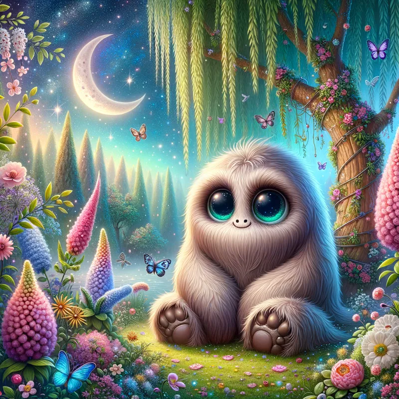 Whimsical Garden Companion - A colossal, fluffy, and endearing monster with large, expressive eyes sitting contentedly next to a willow tree, surrounded by a vibrant garden with Rhonda flowers, glitter, and a dreamy, cosmic backdrop featuring butterflies, a crescent moon, and a fantastical forest. - AI image generated with Art