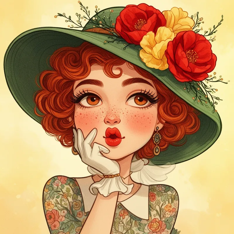 Whimsical Garden Daydream - A quirky, comical, whimsical stylized portrait of a young woman with curly red hair peeking out from beneath a wide-brimmed green hat decorated with oversized red and yellow flowers and delicate foliage. She has arched brows, long curled lashes, warm brown eyes, freckles across her cheeks, rosy blush, and pouty red lips. Her chin rests on a gloved hand in a playful, dreamy pose. She wears floral-patterned clothing and large dangling earrings, with a vintage fashionable charm, colorful illustration style, soft textures, expressive details, bright cheerful background. - AI image generated with Flux 2