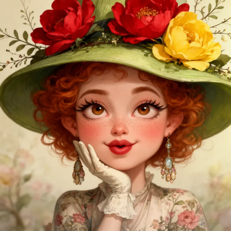 Whimsical Garden Muse - A quirky, comical, whimsical stylized young woman with curly red hair peeking out from beneath a wide-brimmed green hat decorated with oversized red and yellow flowers and delicate foliage. She has arched brows, long curled lashes, warm brown eyes, freckles across her cheeks, rosy blush, and pouty red lips. Resting her chin on a gloved hand, she gazes playfully with a dreamy expression. She wears floral-patterned clothing and large dangling earrings, with a vintage fashionable charm, highly detailed, vibrant colors, storybook-inspired aesthetic. - AI image generated with Flux 2