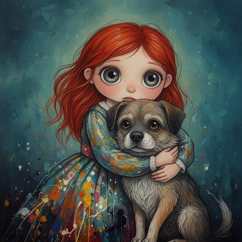 Whimsical Grey Eyes - A surreal yet tender portrait of a red-haired girl with large storm-grey eyes wrapped around her dog in a loving embrace. The image blends whimsical fantasy realism with folk art sensibility, featuring a dress bursting with abstract colorful paint splashes and a dog painted with tactile, layered fur texture. Moody blue-green and teal background textures, soft glowing nostalgic light, imperfect hand-drawn lines, handcrafted emotional richness, acrylic fine art illustration style. - AI image generated with Flux 2