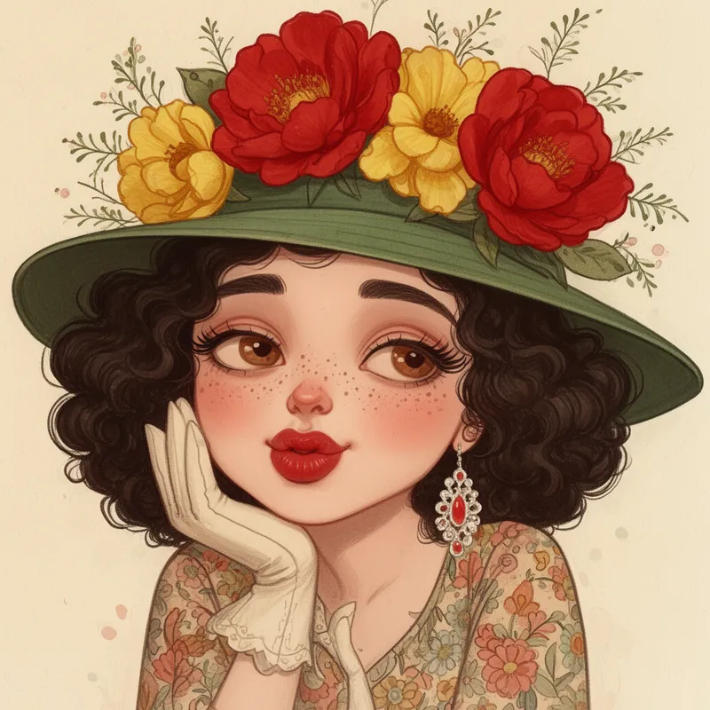Whimsical Lady in Green Flowered Hat - A whimsical, stylized young woman with curly dark hair peeking from under a wide-brimmed green hat adorned with oversized red and yellow flowers and delicate foliage; arched brows, long curled lashes, warm brown eyes, a smattering of freckles, rosy cheeks, and pouty red lips, resting her chin on a gloved hand in a playful, dreamy expression; she wears floral-patterned clothing and large dangling earrings, evoking vintage, fashionable charm. - AI image generated with Flux 2