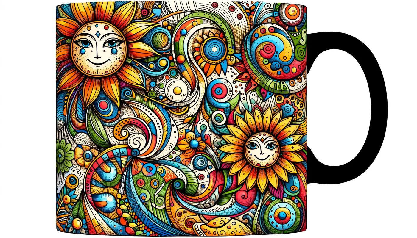 Whimsical Mug Art - A whimsical, vibrant art drawing designed specifically for a mug. The image features playful, intricate patterns in a harmonious balance of bright colors, with cheerful elements like smiling sunflowers, cute animals, and abstract shapes. The artwork is detailed yet balanced, making for an eye-catching and joyful design perfect for a coffee or tea mug. - AI image generated with Art
