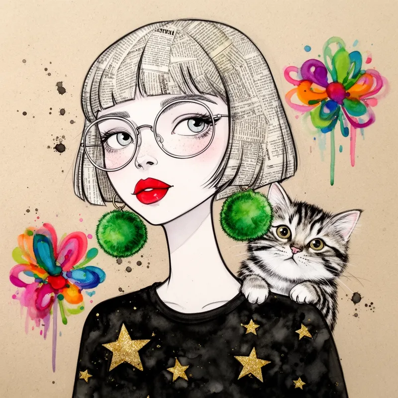Whimsical Muse With Cat Companion - A hand-drawn, storybook-inspired image of a pale young woman with oversized round glasses and a cool bob haircut crafted from a collage of newspaper print patches. Her large green pom-pom earrings dangle beside a fluffy striped cute cat mischievously peeking over her shoulder. She wears a black shirt adorned with shimmering gold stars, vibrant red lips, and stands against a beige, textured background with colorful abstract graffiti flowers. The illustration features ink-bleached flecks, scrambled acrylic overlays, and stylized unfinished cartoon-like lines. - AI image generated with Flux 2 - close-up, alcohol ink, watercolor