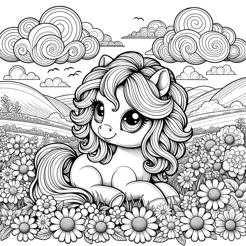 Whimsical Pony Scene - A detailed black and white scene featuring a lovable pony amidst flowers and clouds, created for a delightful coloring experience. - AI image generated with Art