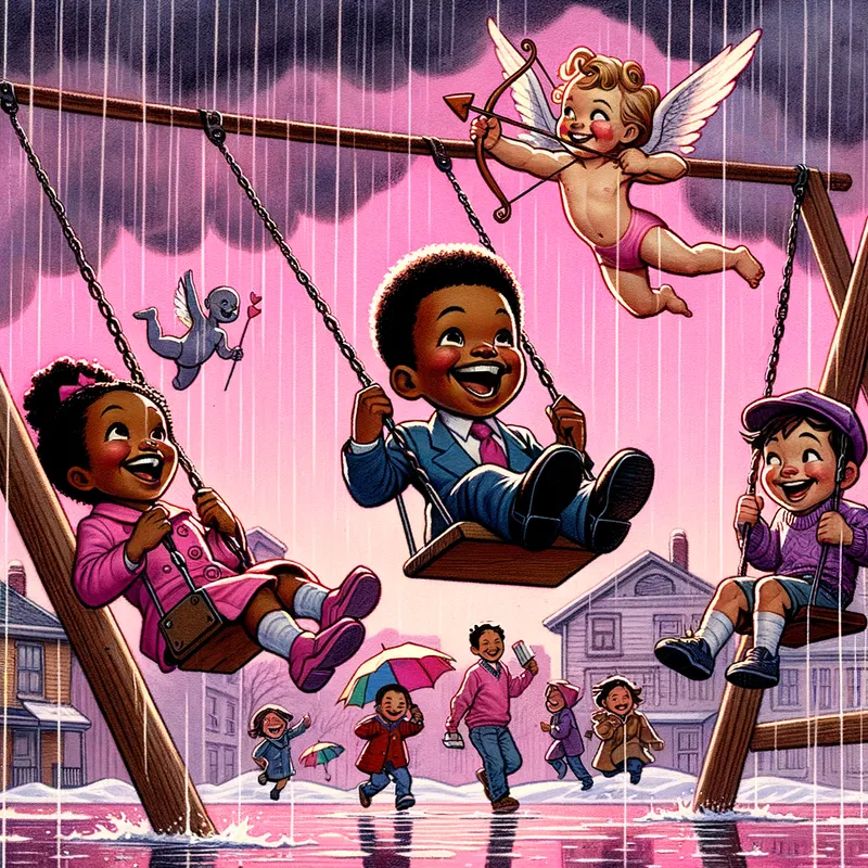 Whimsical Recess Revelry - rainy and Valentine's Day that is david wiesner inspired with pink and purple colors and tone of today's 2 african american and 1 latino kids having fun at recess with two on swings and everyone being safe and a cute cupid flying in the sky - AI image generated with Art - gouache technique, cartoony
