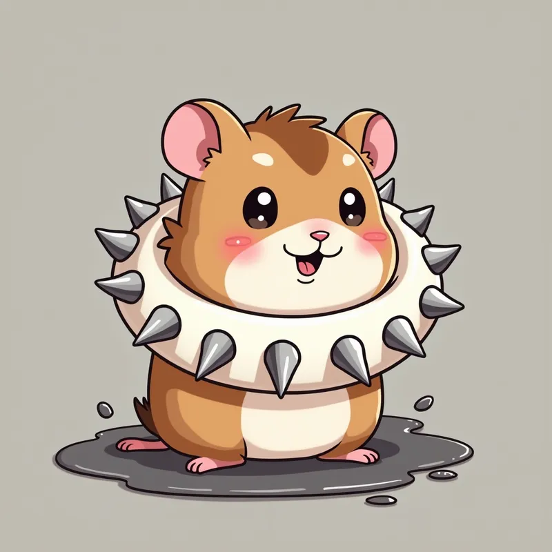 Whimsical Spiked Collar Hamster - This whimsical cartoon illustration depicts a playful hamster in a puddle, wearing an oversized white collar adorned with silver spikes. The tan hamster's face showcases a charming brown and white pattern, and its little pink ears add to its endearing appearance. The background features a subtle gray gradient that enhances the focus on the playful yet sophisticated collar. - AI image generated with Photorealistic 2