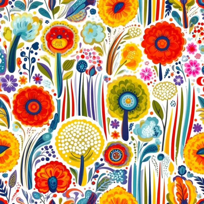 Whimsical Textile Garden on White - Illustrate a bold decorative textile-style garden pattern with Scandinavian folk-art influence on a deep solid white background. Compose it as a dense, seamless-feeling spread of stylized floral medallions, abstract leaves, tall trees, and organic motifs with no empty focal area. Emphasize a palette of saturated red, yellow, blue, orange, green, teal, and purple, balanced by white and light blue accents. Include prominent red-orange flowers with blue centers, surrounding yellow and pale blue blooms, and tall trees with circular or radiating crowns. Add colorful vertical grass-like bands and small details such as white dot clusters, pink and purple star flowers, and playful lines and spots. Render everything with flat graphic clarity, no gradients, no shadows, and crisp edges, creating a joyful, energetic, and decorative image inspired by vintage folk textiles. - AI image generated with Flux 2