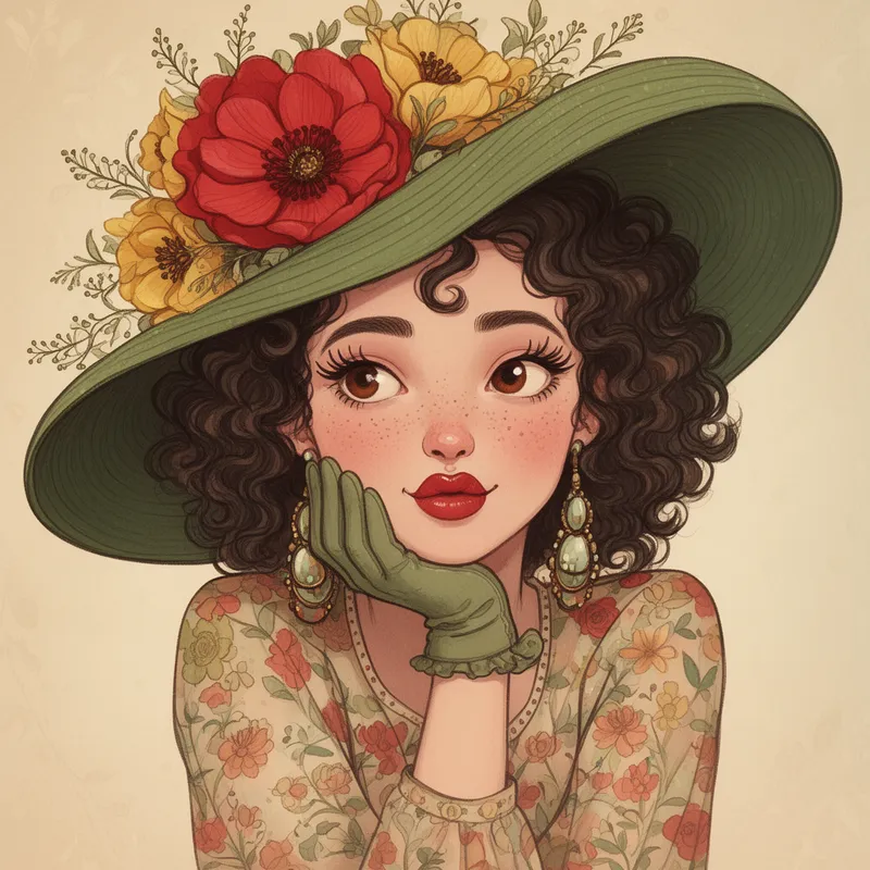 Whimsical Woman in Floral Hat - A whimsical, stylized young woman with curly dark hair peeking from under a wide-brimmed green hat adorned with oversized red and yellow flowers and delicate foliage; arched brows, long curled lashes, warm brown eyes, a smattering of freckles, rosy cheeks, and pouty red lips, resting her chin on a gloved hand in a playful, dreamy expression; she wears floral-patterned clothing and large dangling earrings, evoking vintage, fashionable charm. - AI image generated with Flux 2