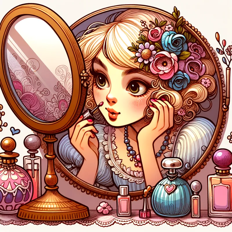Whimsical Woman's Makeup Magic - A whimsicalyoung woman looking into a mirror applying make up cosmetics perfume - AI image generated with Art - cartoony