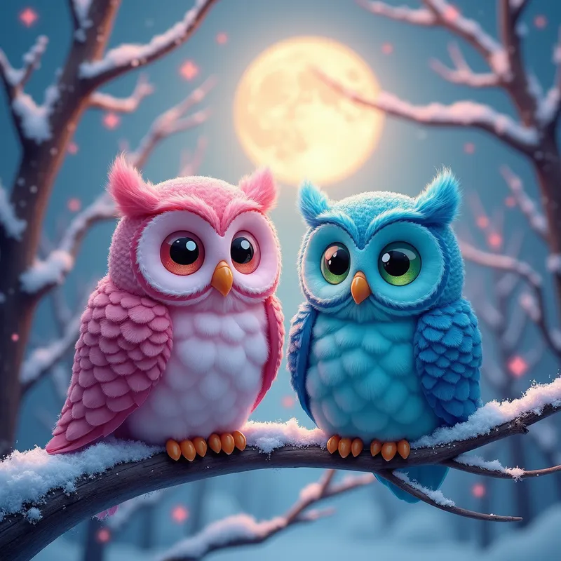 Whimsical Woodland - A magical scene featuring bright, colorful owls with dreamy eyes in shades of blue and green, nestled on snowy branches, with a soft pink atmosphere and a full moon casting a serene glow. - AI image generated with Photorealistic 2