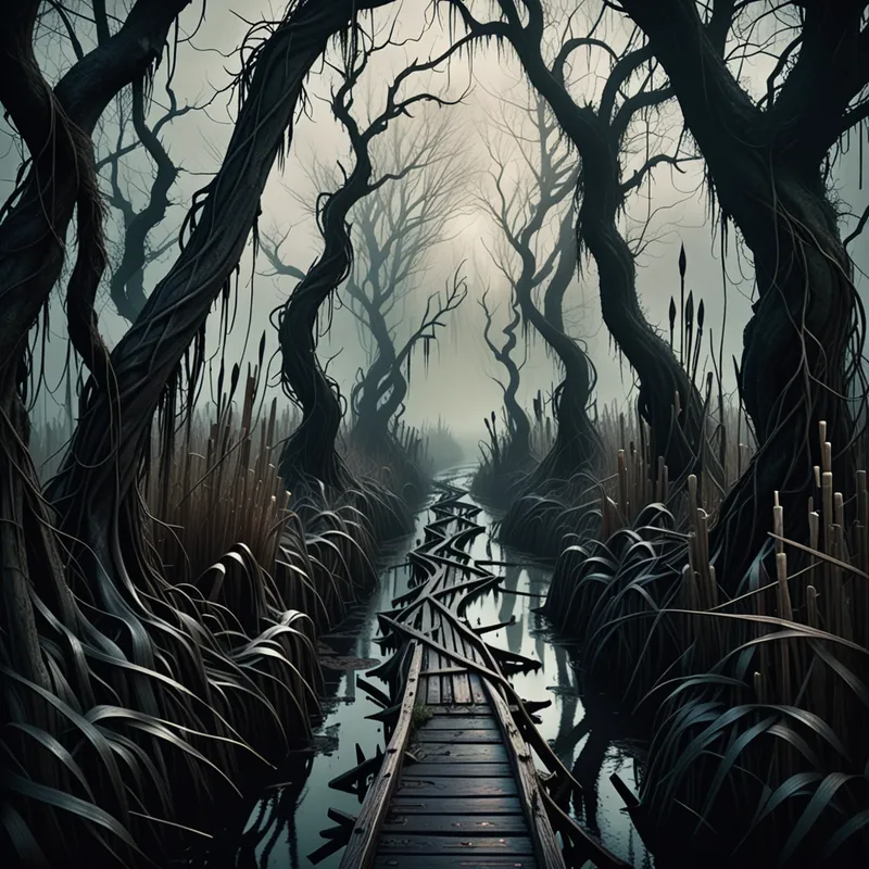 Whispering Bog Road - A narrow cursed road disappearing into a haunted swamp, with tangled roots, rotting wooden markers, pale will-o-wisps, thick fog, and shadowy figures barely visible between the reeds, moody dark fantasy style, cinematic lighting - AI image generated with Fictional