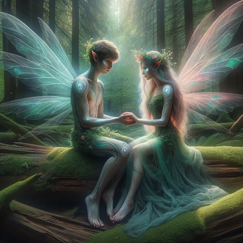 Whispers of the Woodland - Two fae lovers seated upon a mossy log, their hands intertwined as they share a tender moment amidst the verdant forest surroundings. - AI image generated with Art