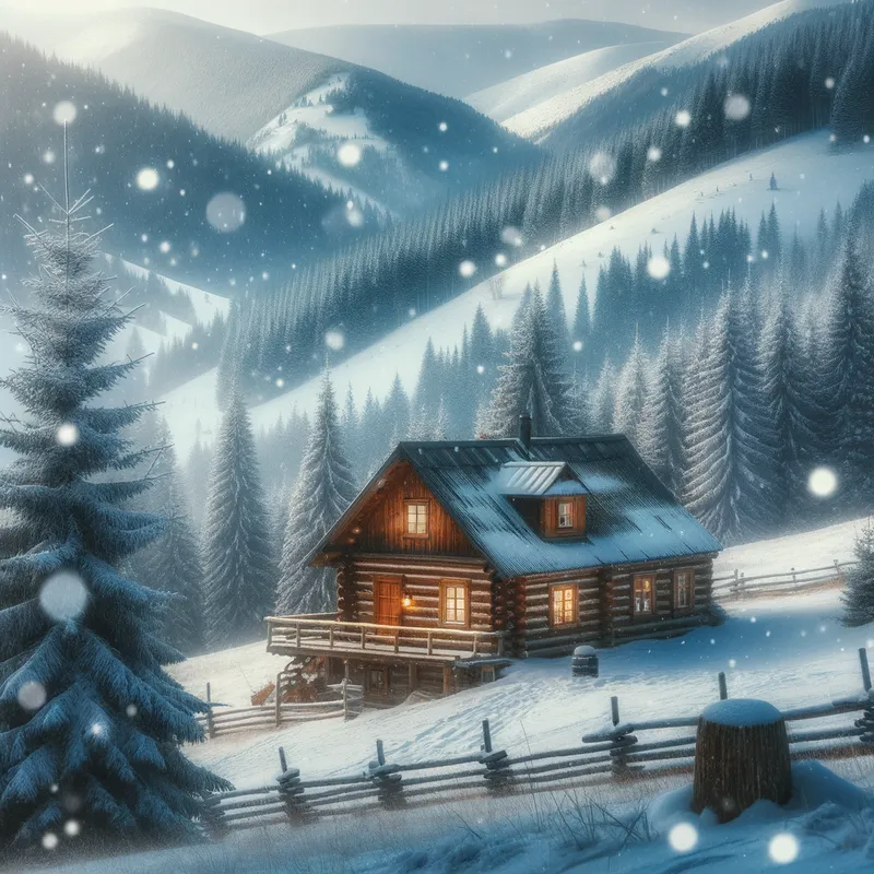 Whispy Snow Mountain Cabin - A cabin in the mountain covered in whispy snow falling - AI image generated with Art
