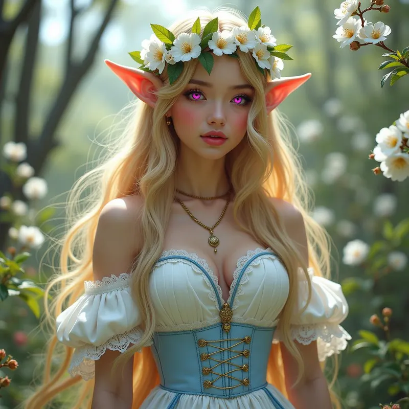White Blossom Enchantress - A mesmerizing image of an enchanting and sexy elven princess in a flower forest. Her long honey blonde hair flows beautifully, adorned with white apple blossom flowers. She wears a white and blue inn maiden dress with short sleeves, a white corset, and has bright pink eyes with pink lipstick. Her huge chest and allure make her a captivating figure in this mystical setting. - AI image generated with Photorealistic 2