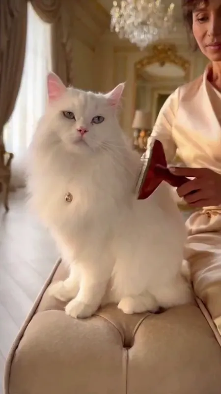 White Cat Groomed in Luxurious Room - A very beautiful white cat in a very luxurious bedroom, its owner combing its fur in a realistic, dramatic scene. - AI video generated with Sora 2