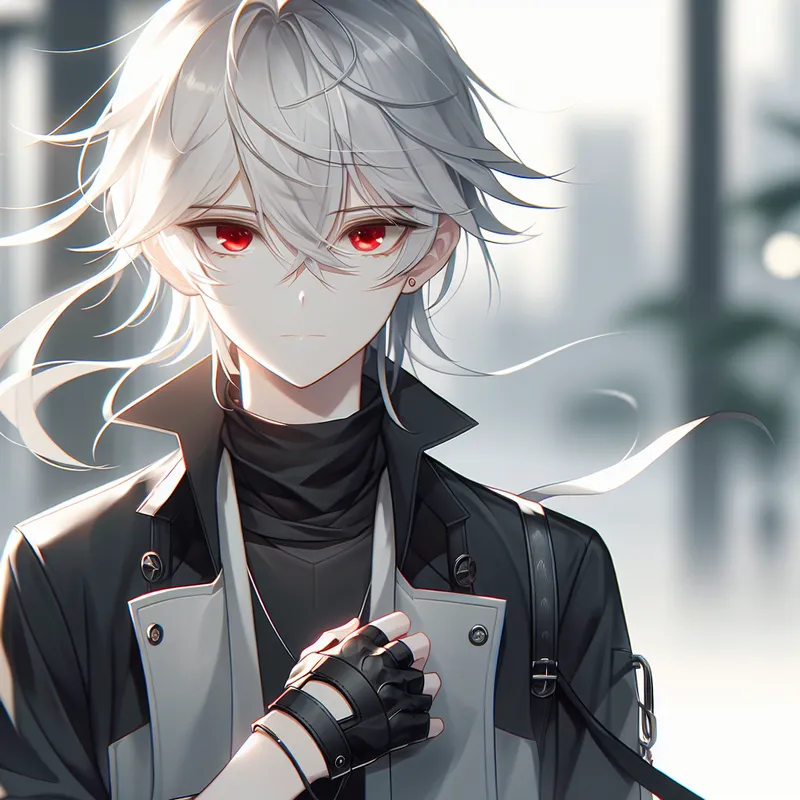 White-Haired Anime Boy with Red Eyes - an anime boy with white hair and red eyes - AI image generated with DALL-E 3