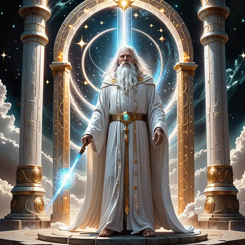 White Wizard and the Celestial Gate - A wise white wizard standing before a massive celestial gate, clad in pure white robes, staff glowing with divine energy, stars and cosmic light surrounding him, ethereal fantasy setting, detailed and cinematic. - AI image generated with Fictional