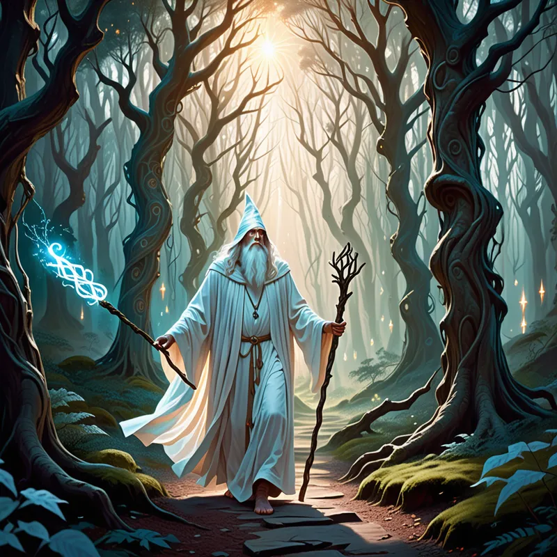 White Wizard in the Enchanted Forest - A mysterious white wizard walking through an enchanted forest, dressed in radiant white robes, carrying an ancient staff, with soft glowing runes floating in the air, tall mystical trees, cinematic fantasy atmosphere, detailed illustration. - AI image generated with Fictional