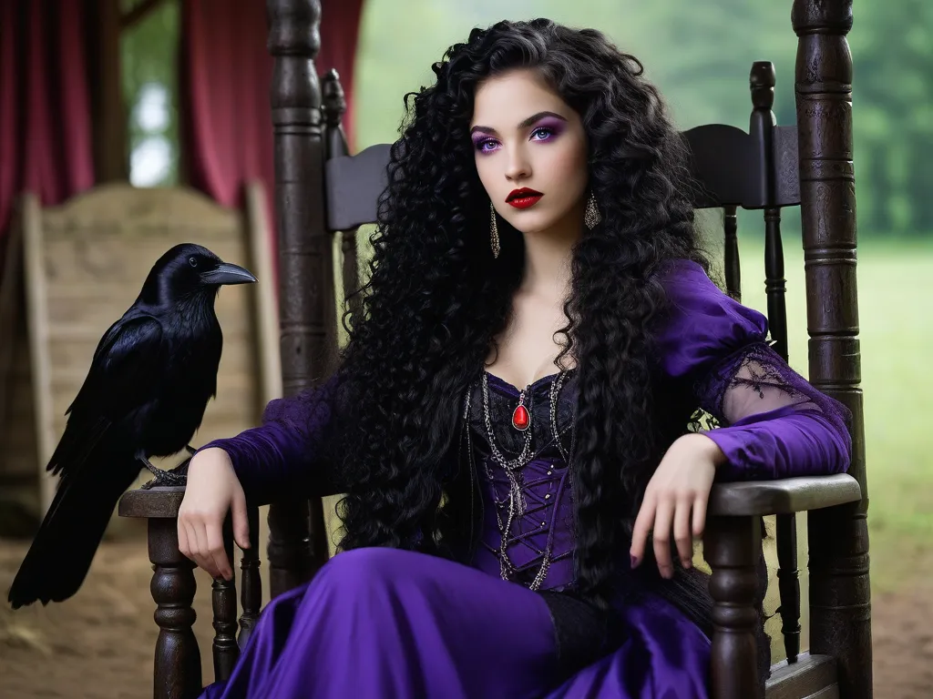 Wiccan Gypsy Mother and Daughter - A cinematic photo from an HBO series of a stunning 18-year-old wiccan gypsy model with very long, wild, curly raven hair cascading down her back. She has red lips, captivating violet-colored eyes with long dark eyelashes, and is wearing a wiccan gypsy haute couture outfit. She is sitting in a charming antique rocking chair holding her adorable 3-year-old daughter with soft curls in pigtails, who is wearing a cute toddler wiccan gypsy haute couture outfit. They are warm in their cozy and inviting wiccan cottage that is decorated in a whimsigoth aesthetic with a few little girls' toys scattered throughout. - AI image generated with Photorealistic - photorealistic, night lighting, master shot