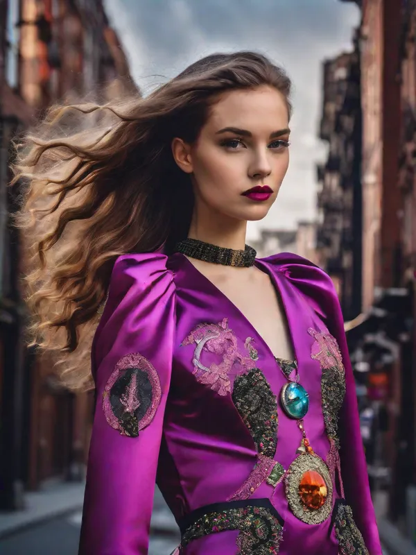 Wiccan Punk Elegance - A young model with flowing hair wearing a stunning Schiaparelli cocktail dress that combines Wiccan symbols and punk elements, set against a vibrant, animated city backdrop that reflects her bold and magical presence. - AI image generated with Fictional - dark tones, photorealistic, highlights: Nikon D700, Nikkor 50mm 1.8