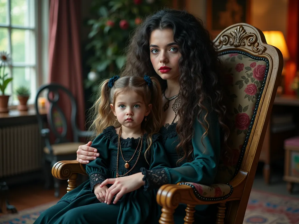Wiccan Serenity - A cinematic image of a splendid 16-year-old wiccan girl with long, wild curly raven hair, red lips, and violet eyes, draped in wiccan haute couture, sitting in an antique rocking chair with her 3-year-old daughter on her lap. The young girl has pigtails and soft curls, wearing cute toddler wiccan haute couture. The scene is in their whimsigoth-inspired wiccan cottage, decorated magically with enchanting items and scattered toys. - AI image generated with Photorealistic 2 - photorealistic, night lighting, master shot