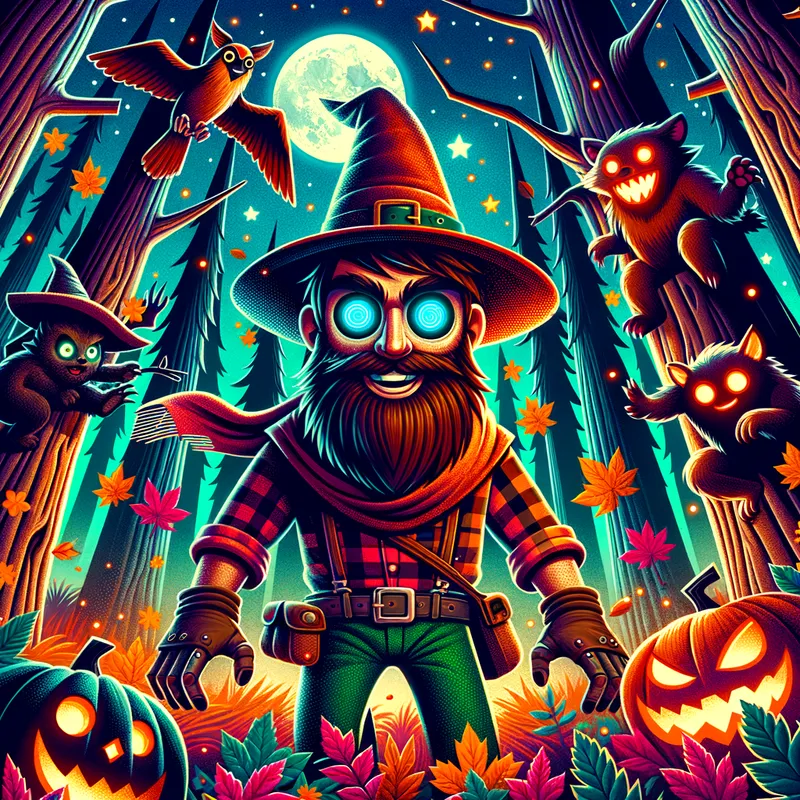 Wicked Woodsman - Paul Bunyan as a Halloween woodsman, with spooky eyes, surrounded by animated trees and forest creatures in a colorful night scene filled with stars and autumn leaves. - AI image generated with Art