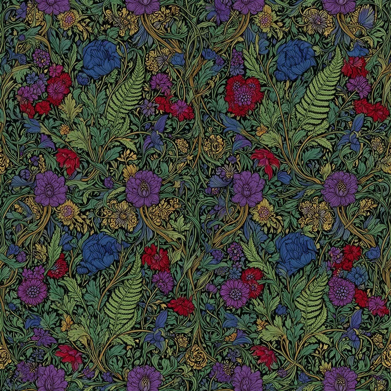 Wild Blossom Brocade Tile - Generate a seamless repeating botanical illustration with a dense, richly layered folk art composition of trailing vines, elegant ferns, and abundant wild blossoms. Feature jewel-toned colors including emerald green, sapphire blue, ruby red, and amethyst purple, with subtle burnished gold detailing and expressive ink linework. The style should be flat and ornamental, with every inch of the canvas filled in a balanced arrangement and no empty spaces. Create a perfect repeat tile suited for wallpaper and fabric printing. Render at 6500x6500 pixels, 300 DPI, inspired by William Morris and Alphonse Mucha with intricate lines and vivid decorative color. - AI image generated with Flux 2